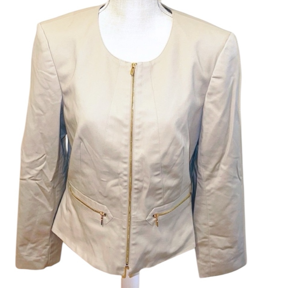 Calvin Klein Faux Leather Peplum Cream Blazer Gold Accents Size: 12